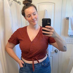 Brown French Linen Wrap Top Size L - XL